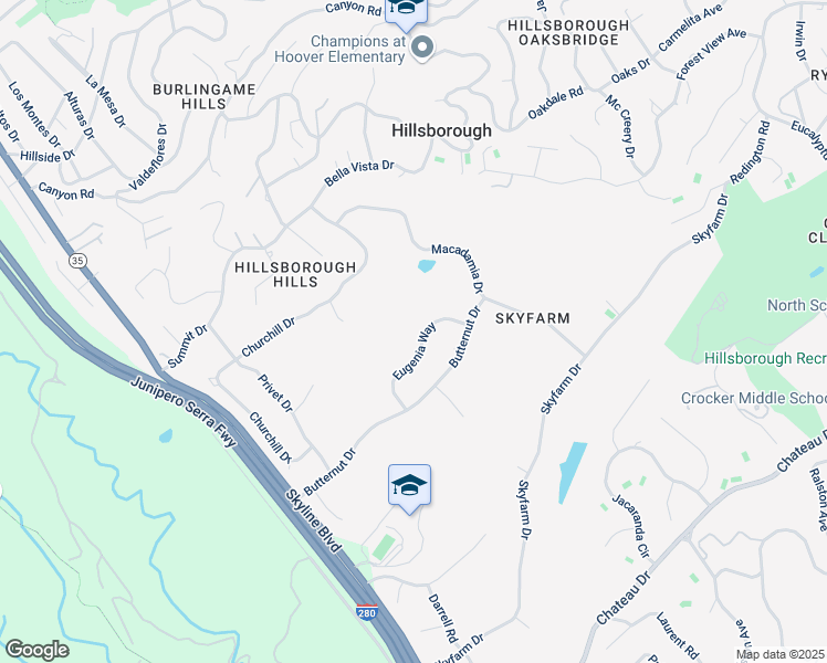 map of restaurants, bars, coffee shops, grocery stores, and more near 46 Eugenia Way in Hillsborough