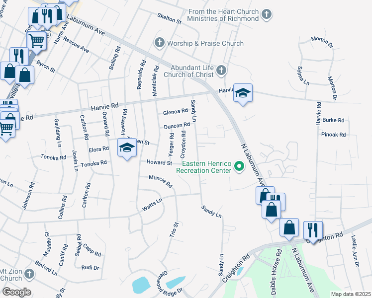 map of restaurants, bars, coffee shops, grocery stores, and more near 3309 Croydon Road in Richmond