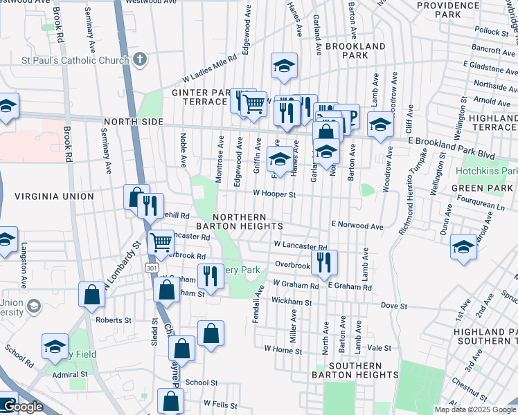 map of restaurants, bars, coffee shops, grocery stores, and more near 2707 Griffin Avenue in Richmond