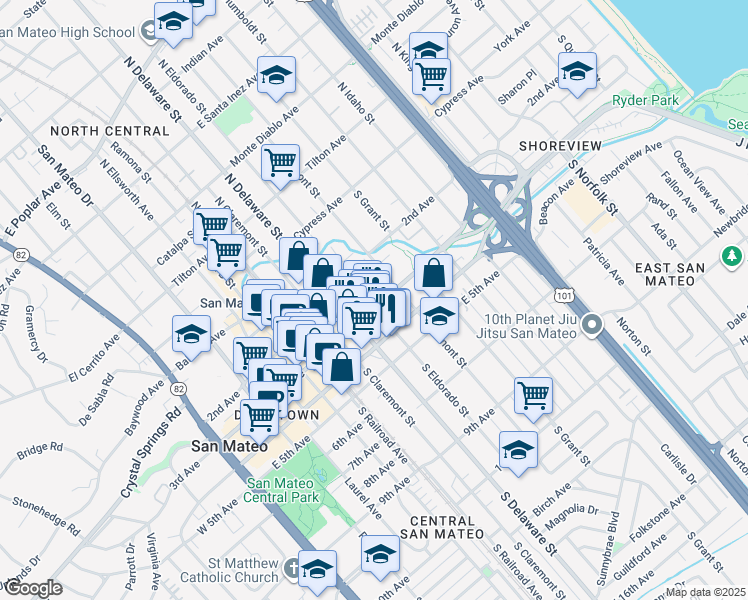 map of restaurants, bars, coffee shops, grocery stores, and more near in San Mateo
