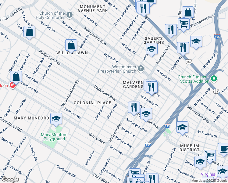 map of restaurants, bars, coffee shops, grocery stores, and more near 4217 Park Avenue in Richmond