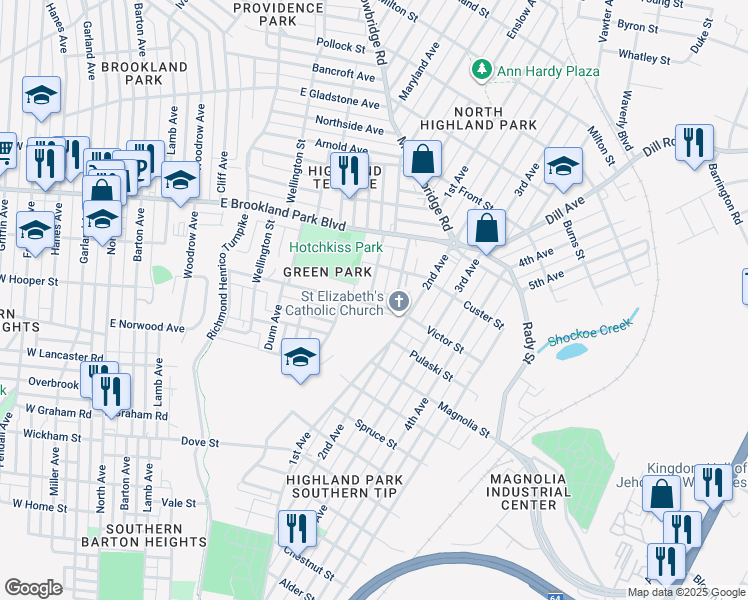 map of restaurants, bars, coffee shops, grocery stores, and more near 1100 Fourqurean Lane in Richmond