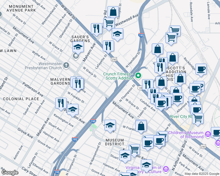 map of restaurants, bars, coffee shops, grocery stores, and more near 3700 Monument Avenue in Richmond
