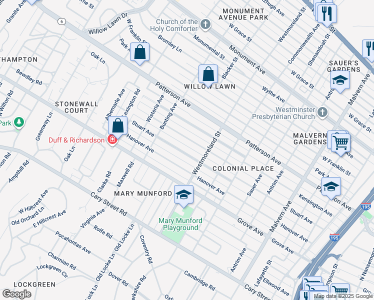 map of restaurants, bars, coffee shops, grocery stores, and more near 4616 Stuart Avenue East in Richmond