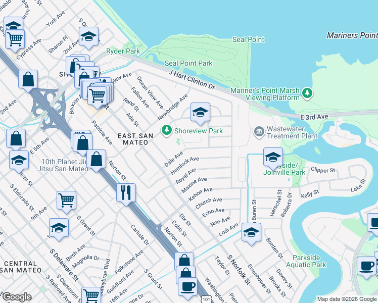 map of restaurants, bars, coffee shops, grocery stores, and more near 1700 Dale Avenue in San Mateo