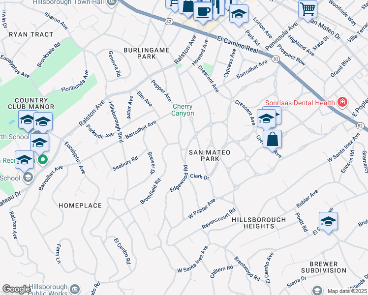 map of restaurants, bars, coffee shops, grocery stores, and more near 670 Edgewood Road in San Mateo