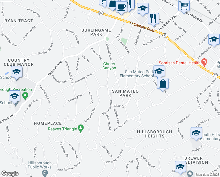 map of restaurants, bars, coffee shops, grocery stores, and more near 670 Edgewood Road in San Mateo