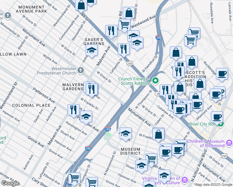 map of restaurants, bars, coffee shops, grocery stores, and more near 3806 Monument Avenue in Richmond