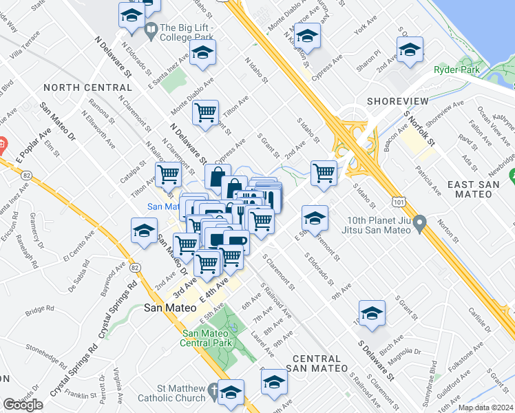 map of restaurants, bars, coffee shops, grocery stores, and more near in San Mateo