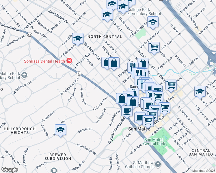 map of restaurants, bars, coffee shops, grocery stores, and more near 85 Tilton Avenue in San Mateo