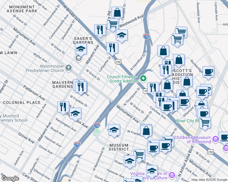 map of restaurants, bars, coffee shops, grocery stores, and more near 3700 Monument Avenue in Richmond