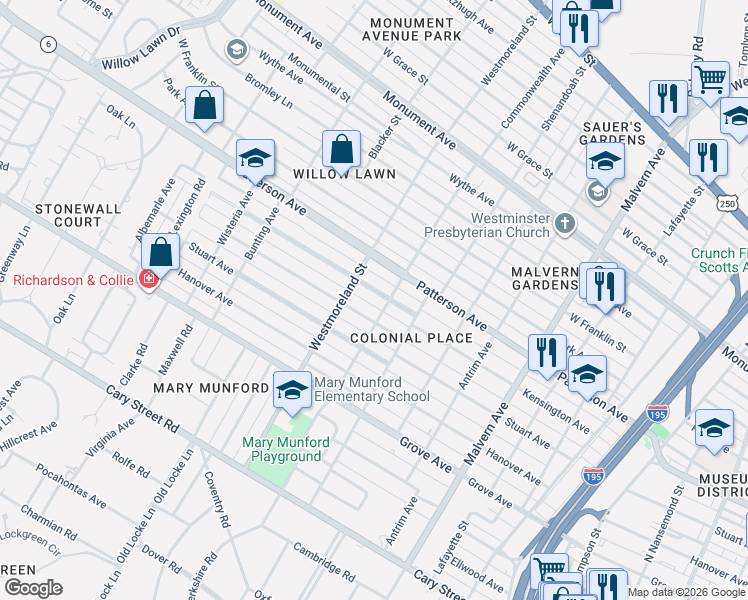 map of restaurants, bars, coffee shops, grocery stores, and more near 4500 Kensington Avenue in Richmond