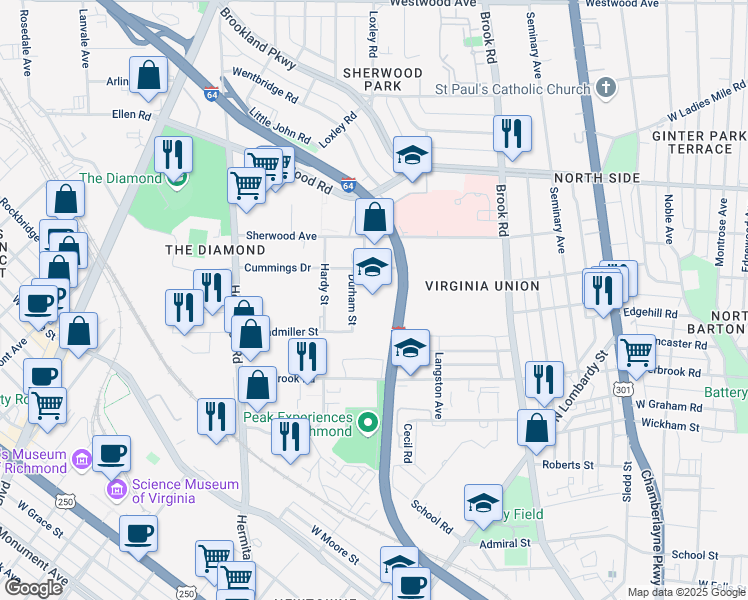 map of restaurants, bars, coffee shops, grocery stores, and more near 1405 Cummings Drive in Richmond