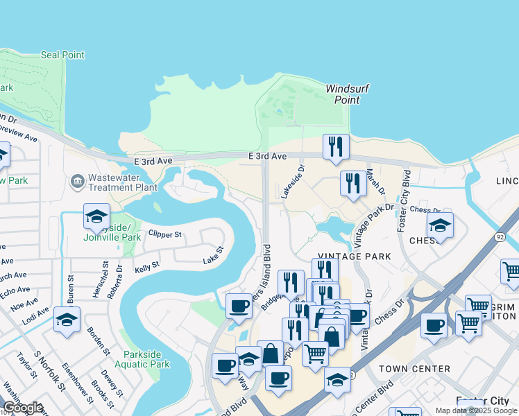 map of restaurants, bars, coffee shops, grocery stores, and more near 456 Mariners Island Boulevard in San Mateo