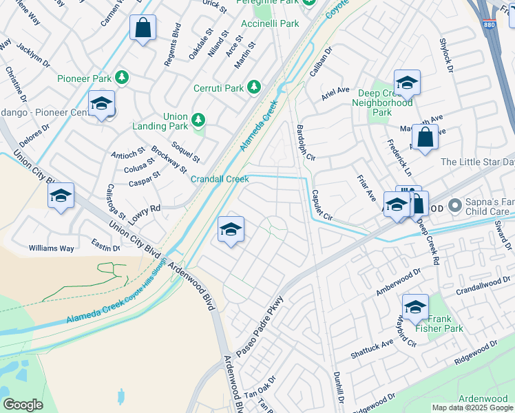 map of restaurants, bars, coffee shops, grocery stores, and more near 33528 Mustang Street in Fremont
