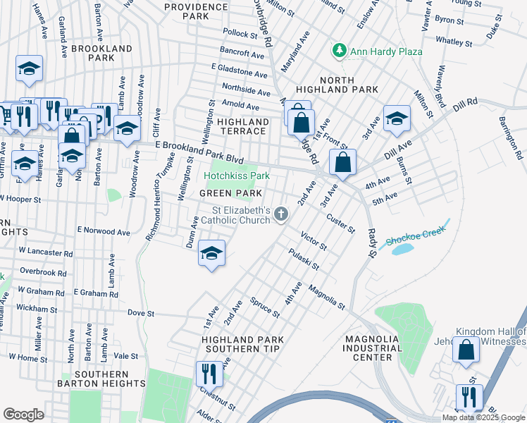map of restaurants, bars, coffee shops, grocery stores, and more near 1100 Fourqurean Lane in Richmond