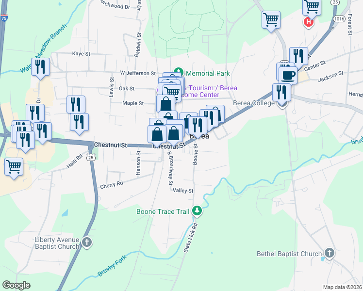 map of restaurants, bars, coffee shops, grocery stores, and more near 444 Chestnut Street in Berea