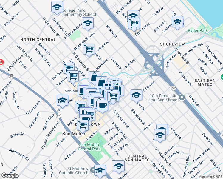 map of restaurants, bars, coffee shops, grocery stores, and more near in San Mateo