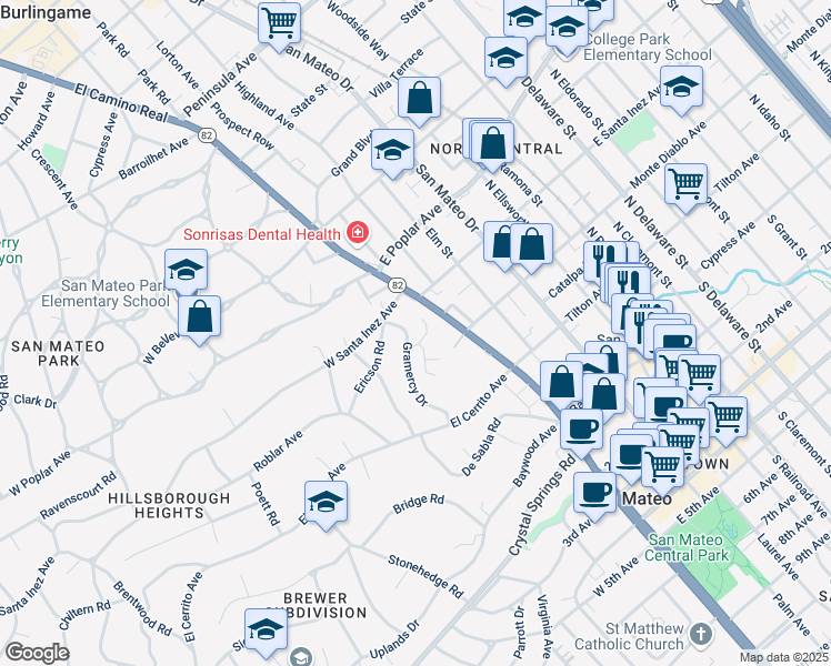 map of restaurants, bars, coffee shops, grocery stores, and more near 8 Mounds Road in San Mateo