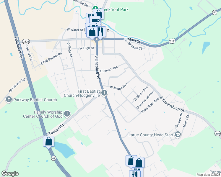 map of restaurants, bars, coffee shops, grocery stores, and more near 350 West Maple Avenue in Hodgenville