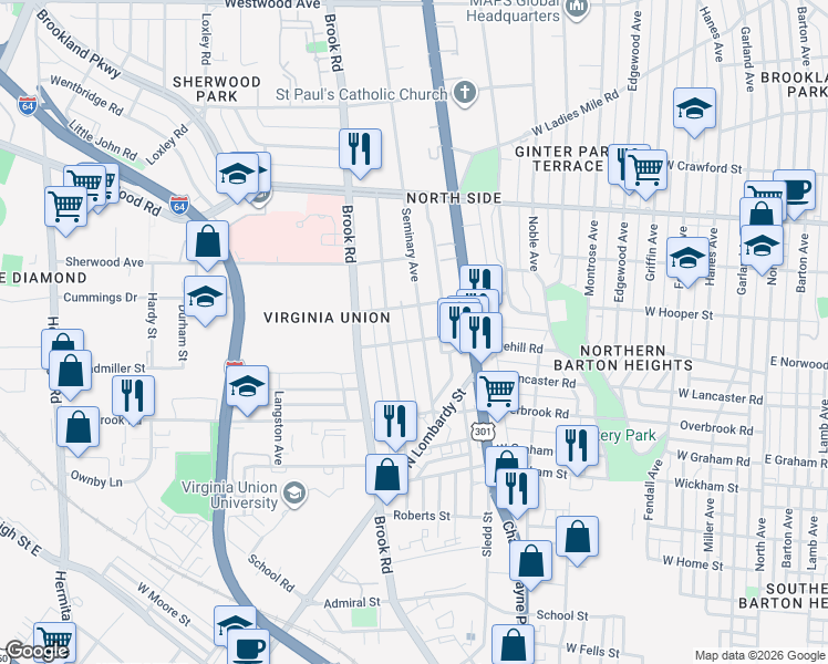 map of restaurants, bars, coffee shops, grocery stores, and more near 2620 Seminary Avenue in Richmond
