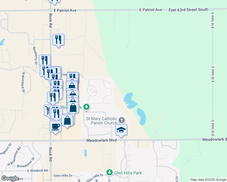 map of restaurants, bars, coffee shops, grocery stores, and more near 2042 North Walnut Creek Drive in Derby