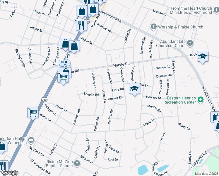 map of restaurants, bars, coffee shops, grocery stores, and more near 3310 Carlton Road in Richmond