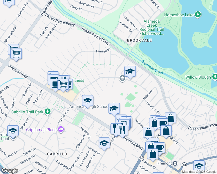 map of restaurants, bars, coffee shops, grocery stores, and more near 3474 Hudson Place in Fremont