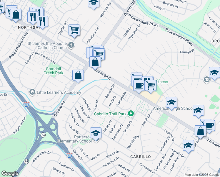 map of restaurants, bars, coffee shops, grocery stores, and more near 4116 Becerra Drive in Fremont