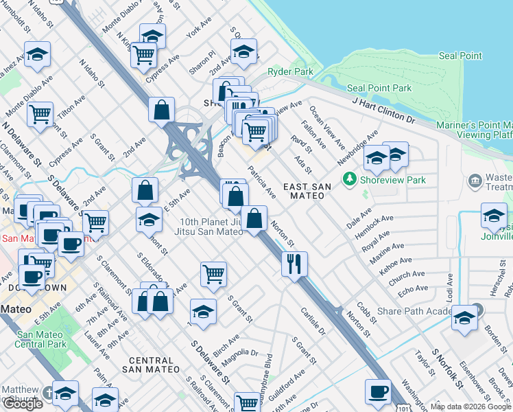 map of restaurants, bars, coffee shops, grocery stores, and more near 1201 Newbridge Avenue in San Mateo