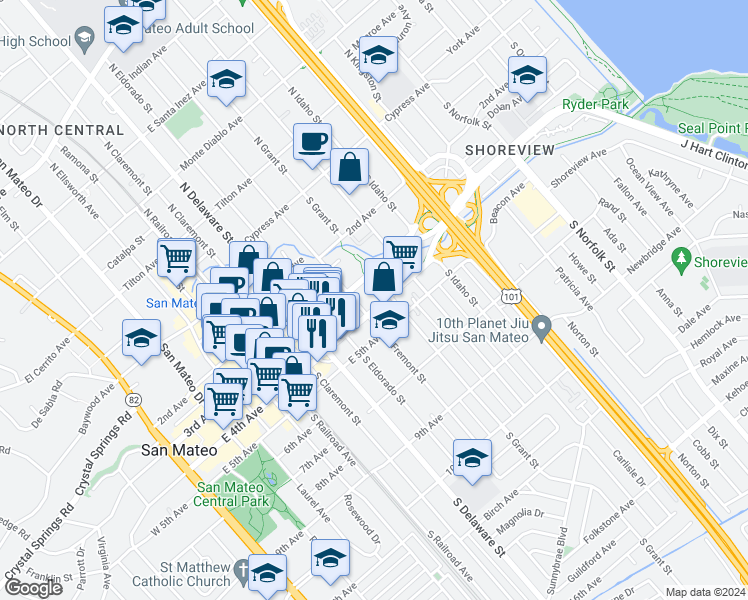 map of restaurants, bars, coffee shops, grocery stores, and more near 728 East 4th Avenue in San Mateo