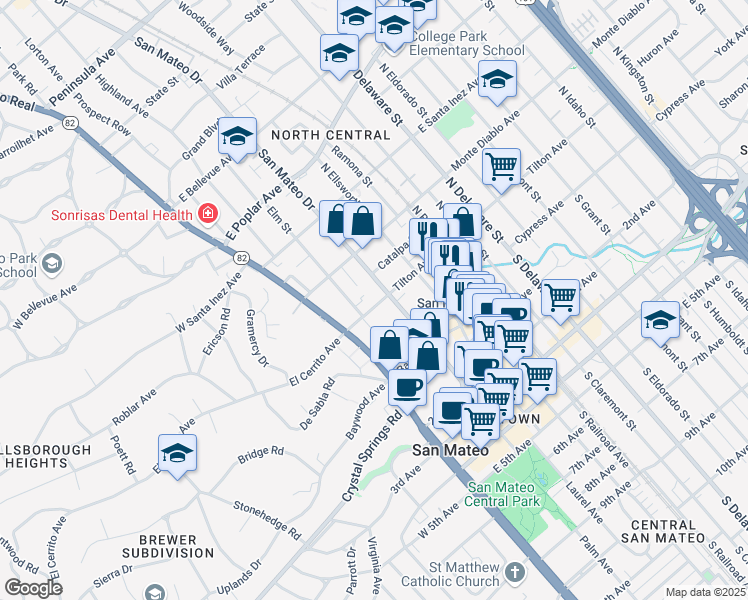 map of restaurants, bars, coffee shops, grocery stores, and more near 85 Tilton Avenue in San Mateo