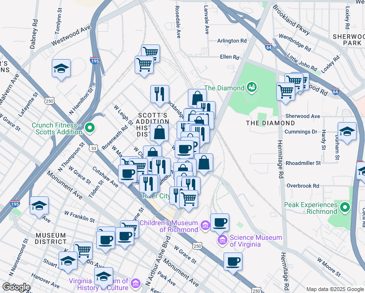 map of restaurants, bars, coffee shops, grocery stores, and more near 1600 Altamont Avenue in Richmond
