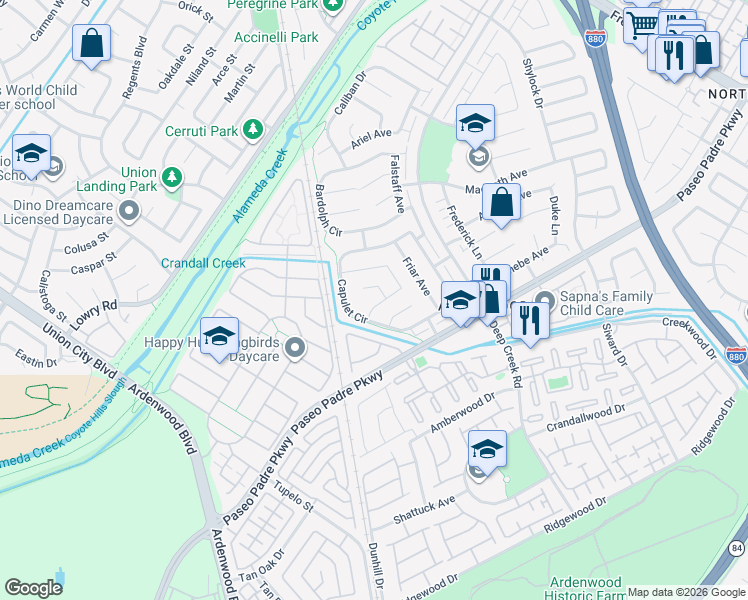 map of restaurants, bars, coffee shops, grocery stores, and more near 33948 Capulet Circle in Fremont