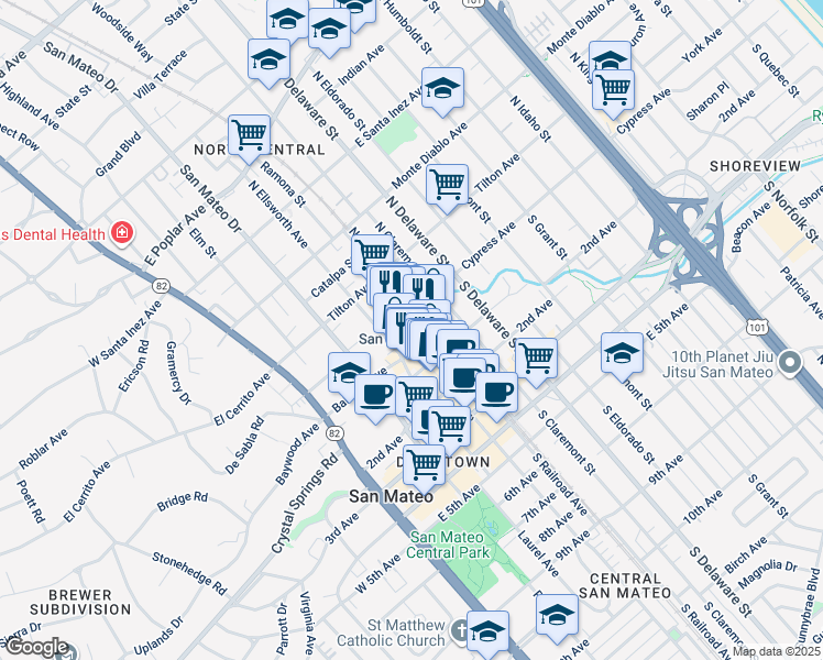 map of restaurants, bars, coffee shops, grocery stores, and more near 308 Baldwin Avenue in San Mateo