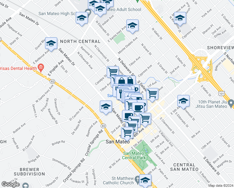 map of restaurants, bars, coffee shops, grocery stores, and more near 32 North Ellsworth Avenue in San Mateo