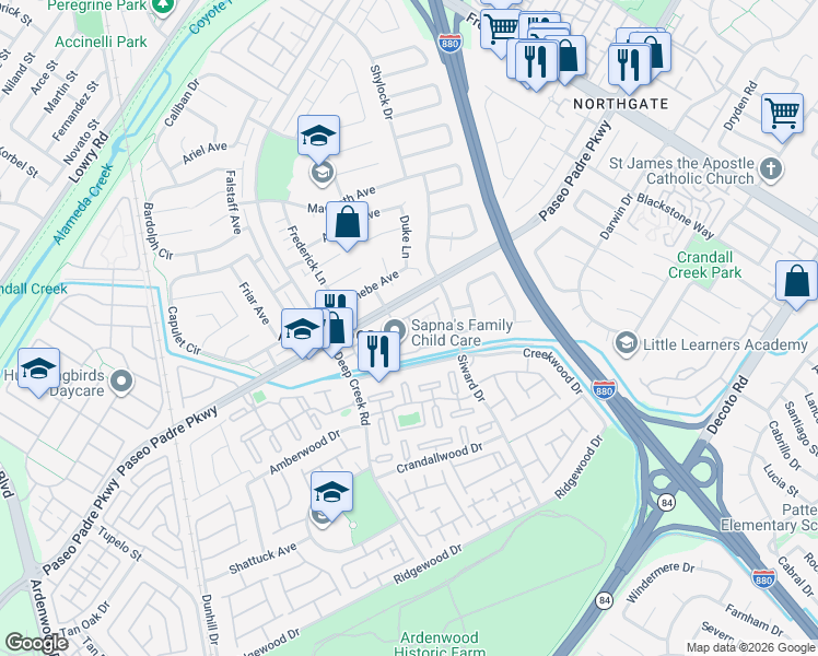 map of restaurants, bars, coffee shops, grocery stores, and more near 34311 Bodkin Terrace in Fremont