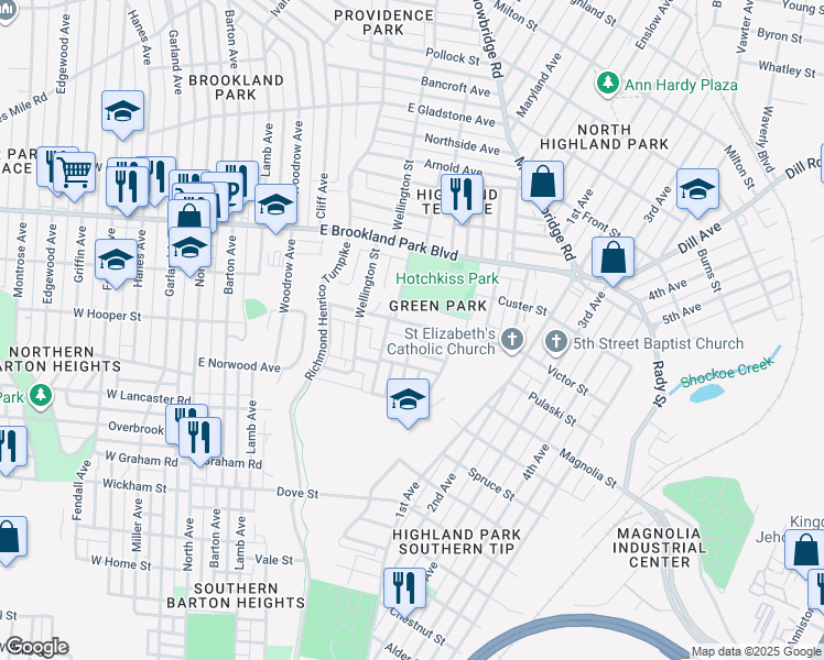 map of restaurants, bars, coffee shops, grocery stores, and more near 1016 Crafton Lane in Richmond