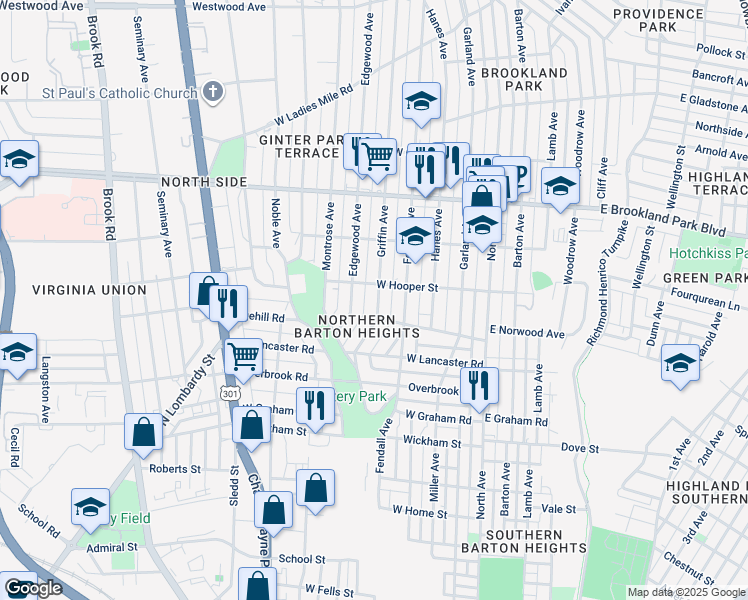 map of restaurants, bars, coffee shops, grocery stores, and more near 2714 Griffin Avenue in Richmond