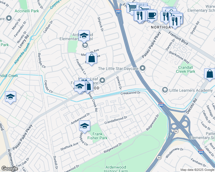map of restaurants, bars, coffee shops, grocery stores, and more near 34311 Bodkin Terrace in Fremont