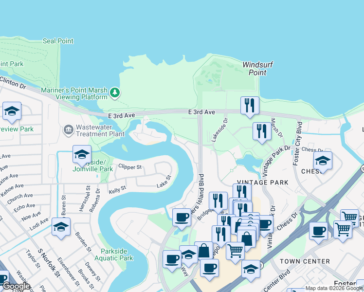 map of restaurants, bars, coffee shops, grocery stores, and more near 472 Fathom Drive in San Mateo