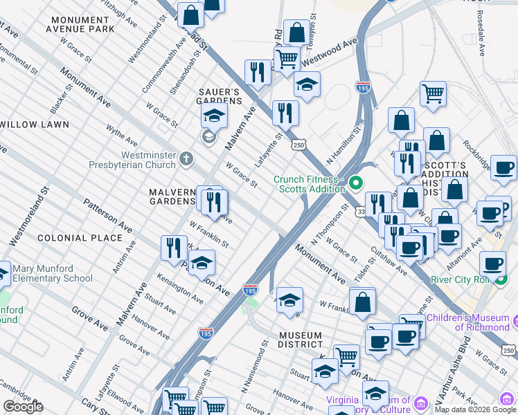 map of restaurants, bars, coffee shops, grocery stores, and more near 3900 Monument Avenue in Richmond