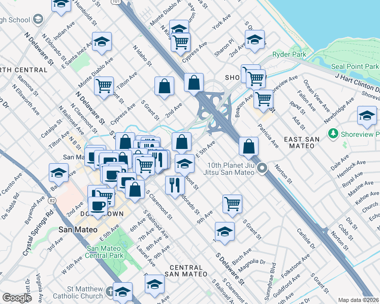 map of restaurants, bars, coffee shops, grocery stores, and more near 906 East 4th Avenue in San Mateo