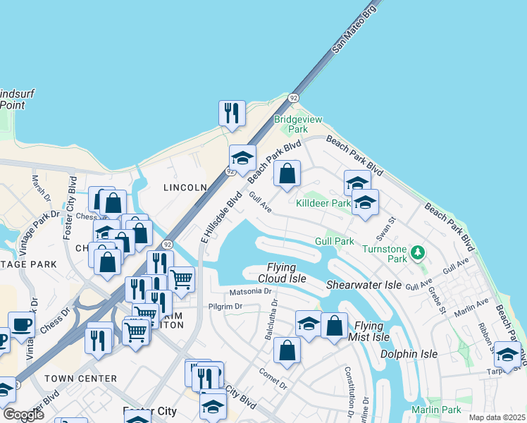 map of restaurants, bars, coffee shops, grocery stores, and more near 700 Gull Avenue in Foster City
