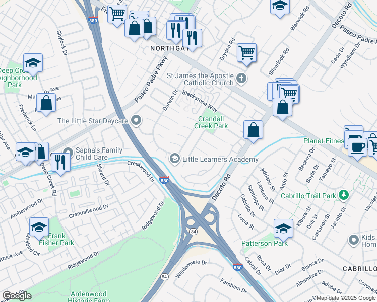 map of restaurants, bars, coffee shops, grocery stores, and more near 4505 Santee Road in Fremont