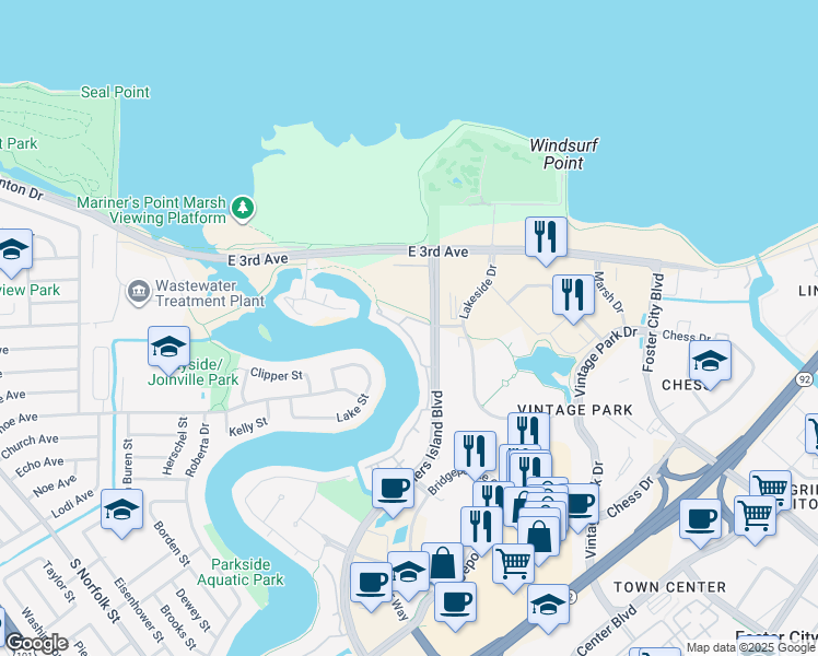 map of restaurants, bars, coffee shops, grocery stores, and more near 472 Fathom Drive in San Mateo