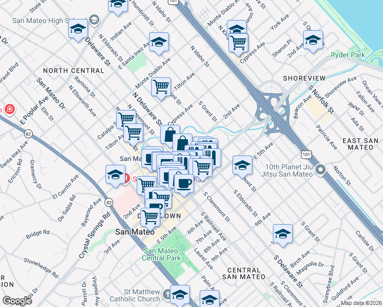map of restaurants, bars, coffee shops, grocery stores, and more near in San Mateo