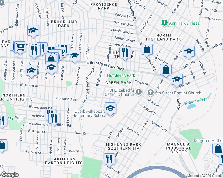 map of restaurants, bars, coffee shops, grocery stores, and more near 1016 Crafton Lane in Richmond