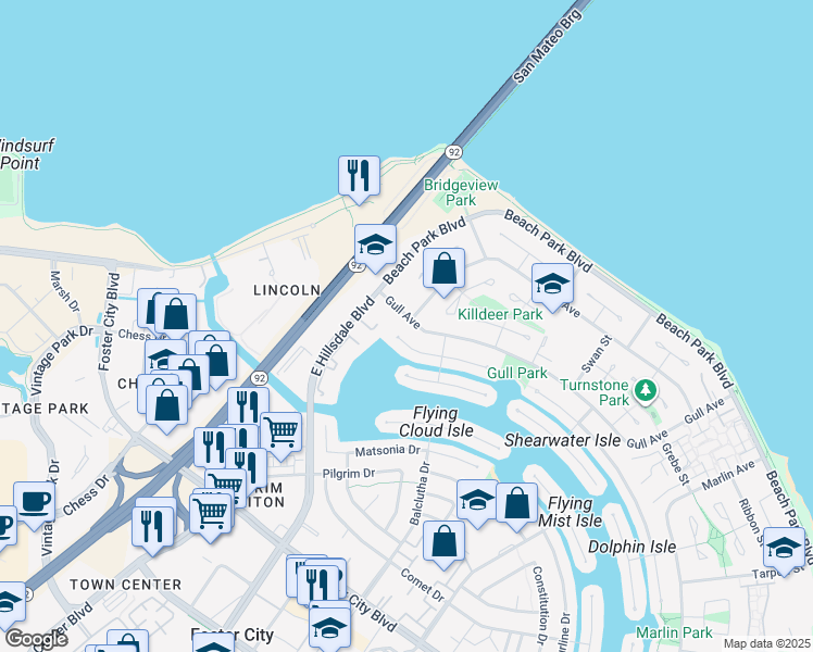 map of restaurants, bars, coffee shops, grocery stores, and more near 700 Gull Avenue in Foster City