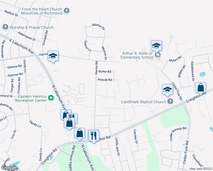map of restaurants, bars, coffee shops, grocery stores, and more near 3820 Pinoak Road in Richmond